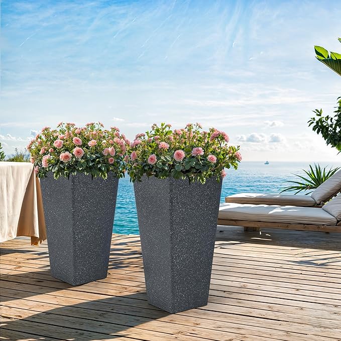 28" Large Tall Square Planters for Outdoor Plants, Set of 2 V-Shaped Planter Box with Black Terrazzo Look, Durable and Weather Resistant, Ideal or Garden, Patio, Porch or Home use.-CasaMuseHome