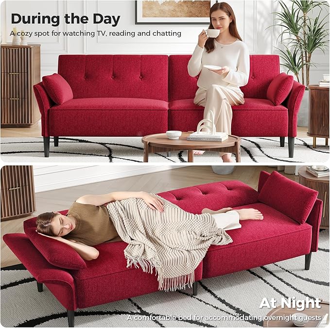 89” Futon Sofa Bed, Linen Comfy Futon Couch Bed with 2 Square Pillows, Convertible Sleeper Sofa with Adjustable Backrest& Armrests, Modern Loveseat Sleeper for Living Room, Bedroom, Red-CasaMuseHome