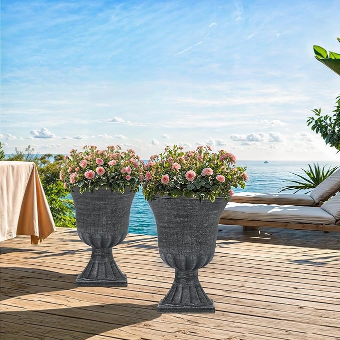 22" Timeless Urn Planters for Outdoor Plants, Set of 2 Plastic Large Flower Pot with Handmade Washed Black Finish, Weather-Resistant for Porch, Garden, Patio or Indoor Use-CasaMuseHome