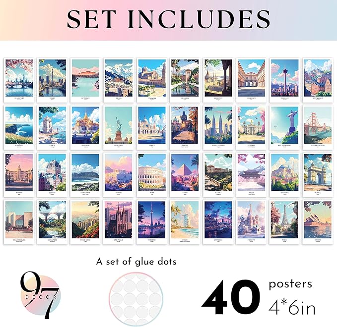 97 Decor Vintage Travel Posters Wall Art - Retro Travel Decor For Home, Travel Art Prints For Wall Decor, Around World Travel Collage Destination Pictures Famous City Artwork For Classroom (4x6)-CasaMuseHome