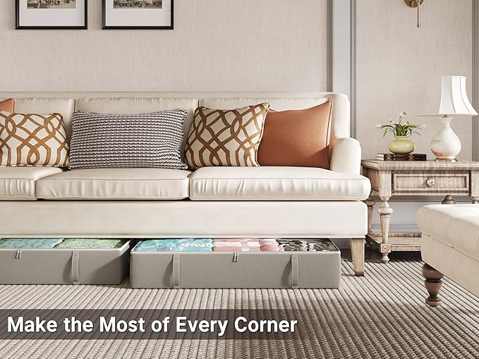 2-Pack Under Bed Storage Containers, 8 Inches Tall Underbed Clothes Storage Organizer Bin with Sturdy Sidewalls/Bottom, Under the Bed Storage Bags 2 Storage Bins, Light Grey-CasaMuseHome