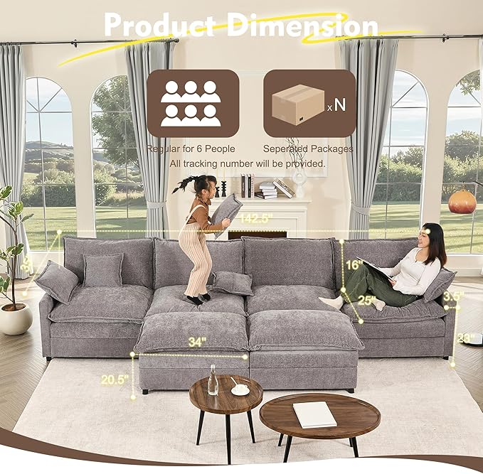 142.5" U Shaped Couch, Modular Sectional Sofa, 3-Seater Comfy Cloud Couch with Movable Ottoman, Deep Seat Couches for Living Room, Chenille, Slate-CasaMuseHome