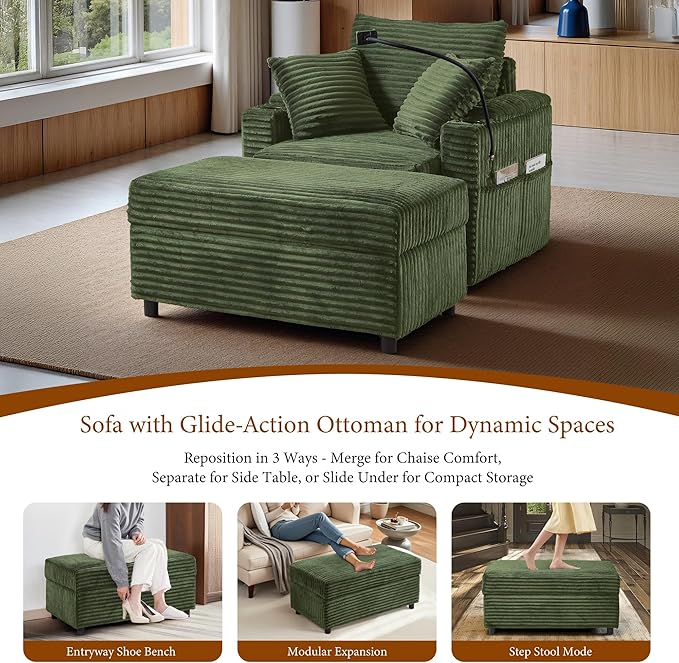 Accent Chair with Storage Ottoman Upholstered Living Room Chairs for Reading Chair with Chaise Lounge Chairs Indoor, Comfortable Armchair for Bedroom-CasaMuseHome