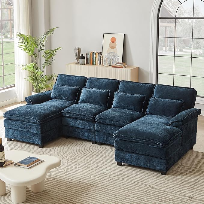 113" Oversized Cloud Couch, U Shape Sectional 4 Seat Sofa with Double Chaises, 2 Layer Cusions, Deep Seat Comfy Sofa, Upholstery Chenille Fabric for Living Room, Blue-CasaMuseHome