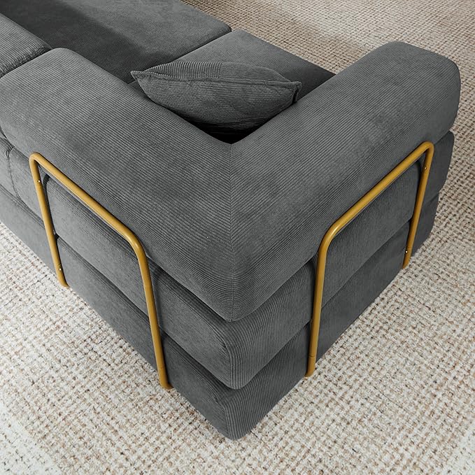 108" Oversized Convertible Sleeper Sofa Bed, Corduroy L Shape Sectional Couch, Folding Sofa Bed with Side Pocket, Modern Cloud Floor Mattress Couch, Modular Sofa for Living Room, Grey-CasaMuseHome