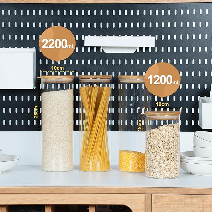 70oz Straight cylindrical Airtight Storage Jars with Bamboo Lid Set of 3 Storage Container Glass Jars, Kitchen Canister for Noodles, Pasta and Coffee beans (‎with Black Lable)-CasaMuseHome