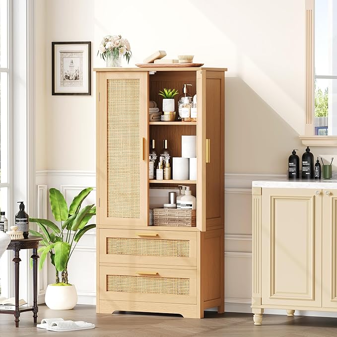 50.4" H Bathroom Storage Cabinet, Modern Floor Cabinet with Adjustable Shelf, Small Pantry with 2 Doors & Drawers, Storage Cabinet for Bathroom, Living Room, Kitchen, Natural KES007MCWG-CasaMuseHome