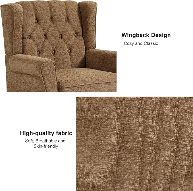 Accent Chair, Upholstered Armchair with Button Tufted High Back & Solid Wood Legs, Comfy Wingback Reading Single Sofa Chair for Small Spaces, Living Room, Bedroom (Brown, Set of 1)-CasaMuseHome