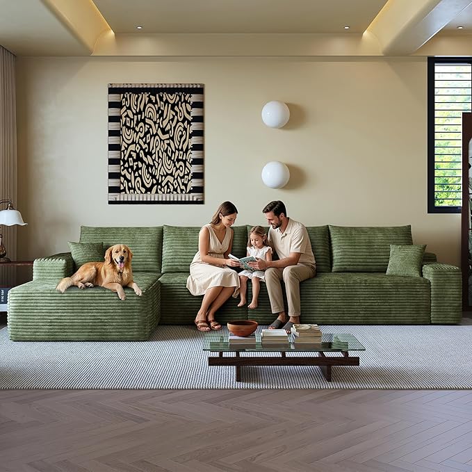 108" Sectional Couches for Living Room Modern Modular Sofa with L-Shape Couchs Upholstered Boneless Couch Deep Seat Sectional Couch with Chaise (Green, Left Facing Chaise+3Seaters)-CasaMuseHome