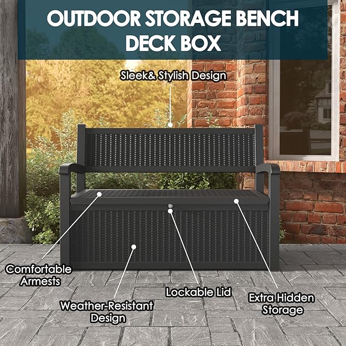 70 Gallon Storage Bench Deck Box for Patio Furniture with Armrest Bench Outdoor Storage-CasaMuseHome