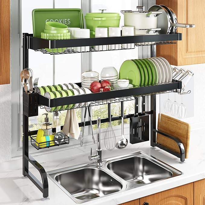 3 Tier Extra Large Stainless Steel Expandable Over The Sink Dish Drainer Drying Rack, Rust Proof Metal, Space Saving, Modern Black Big Capacity Extendable Plate Strainers Above Kitchen Counter-CasaMuseHome