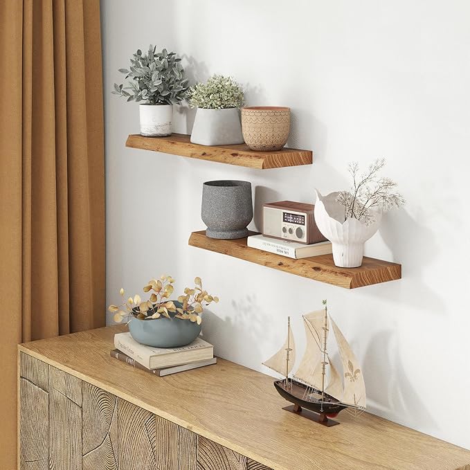 30" Floating Shelves, Live Edge Solid Elm Wood Floating Shelf, Wall Mounted Display Shelves with Heavy-Duty Bracket for Books, Rustic Wooden Shelf for Kitchen, Bathroom, Natural Color, Set of 2-CasaMuseHome