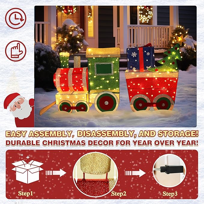 5FT Light-Up Christmas Train Decor with 170 LED Lights, 3D Pre-Lit Train Set with Gift Box and Christmas Tree for Xmas Decoration, Freestanding Glittered Holiday Display for Outdoor, Indoor-CasaMuseHome