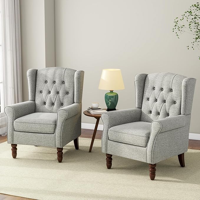 Accent Chair, Upholstered Armchair with Button Tufted High Back & Solid Wood Legs, Comfy Wingback Reading Single Sofa Chair for Small Spaces, Living Room, Bedroom (Light Grey, Set of 1)-CasaMuseHome