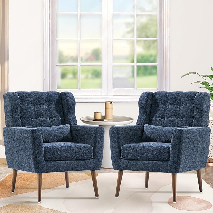 Accent Chair Set of 2, Upholstered Armchair with Pillow, Fabric Single Sofa Chair with Lounge Seat and Wood Legs Accent Chair for Living Room Small Spaces (Dark Blue, Set of 2)-CasaMuseHome