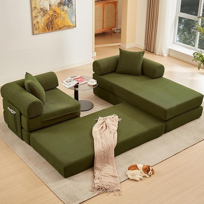 107" Oversized Convertible Sleeper Sofa Bed, Corduroy L Shape Sectional Couch, Folding Sofa Bed with Side Pocket, Modern Cloud Floor Mattress Couch, Modular Sofa for Living Room, Green-CasaMuseHome