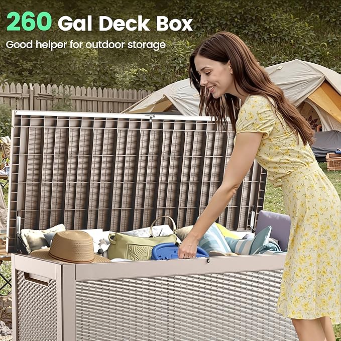 260 Gallon Storage Box, Waterproof Resin Deck Box with Steel Support & Hydraulic Rod, Lockable Storage Bench for Indoor & Outdoor Use, Storage Bin for Patio Cushions, Garden Tools, Grey-CasaMuseHome