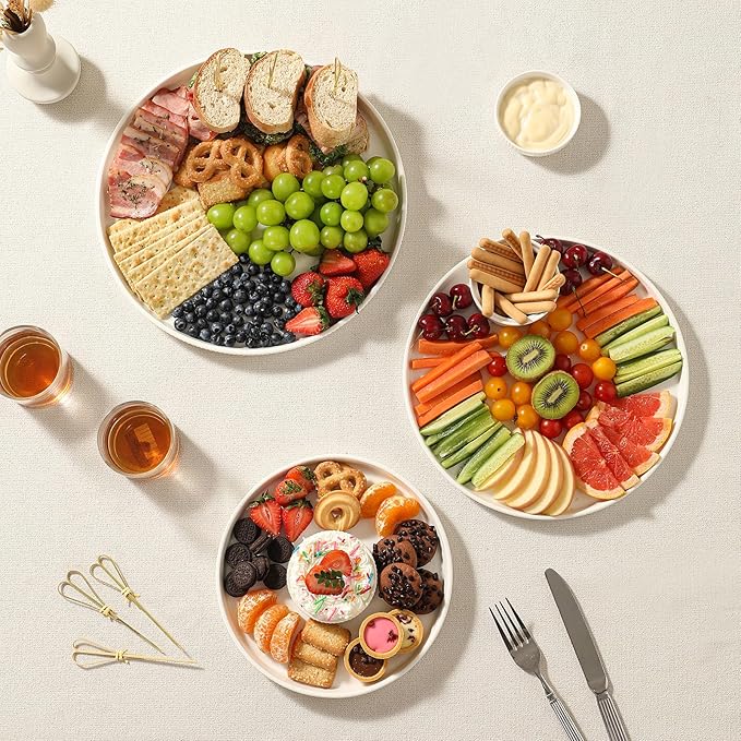 3 Packs Serving Platters, Large Serving Tray, Round Platters for Serving Food, Food Tray for Veggie Fruit Snack Dessert Cheese, White Ceramic Serving Trays for Party, Entertaining, 12.8”/10.8”/8.8”-CasaMuseHome