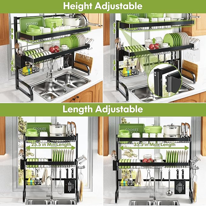 3 Tier Extra Large Stainless Steel Expandable Over The Sink Dish Drainer Drying Rack, Rust Proof Metal, Space Saving, Modern Black Big Capacity Extendable Plate Strainers Above Kitchen Counter-CasaMuseHome