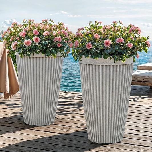 20" Resin Tall Planters for Outdoor Plants, Set of 2 Vintage Gray Large Flower Pots with Handmade Fluted Texture, Heavy-Duty and Weather-Resistant for Year Round Indoor Outdoor use-CasaMuseHome