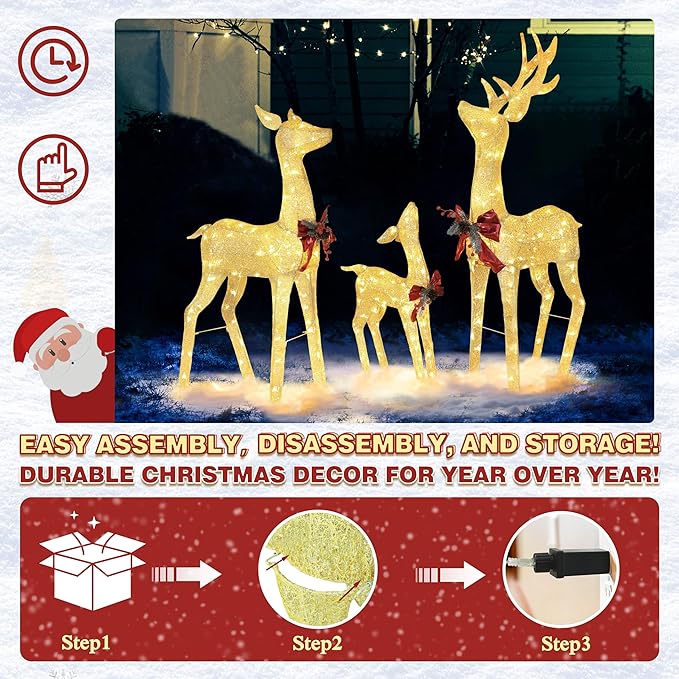 4.5FT Lighted Reindeer Family Set for Christmas Decoration, 3 Pieces Pre-Lit Iridescent Deer with 200 LED Lights, 3D Glittered Standing Holiday Display for Outdoor, Indoor, Golden-CasaMuseHome