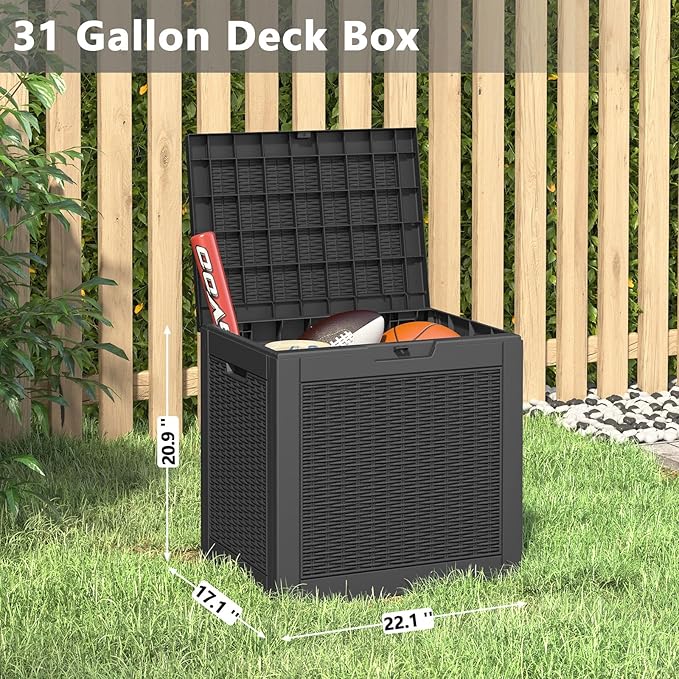 31 Gallon Deck Box, Resin Outdoor Storage Box, Waterproof and UV Resistant Deck Box, Lightweight Storage Box for Garden Tools, Pool Supplies-CasaMuseHome