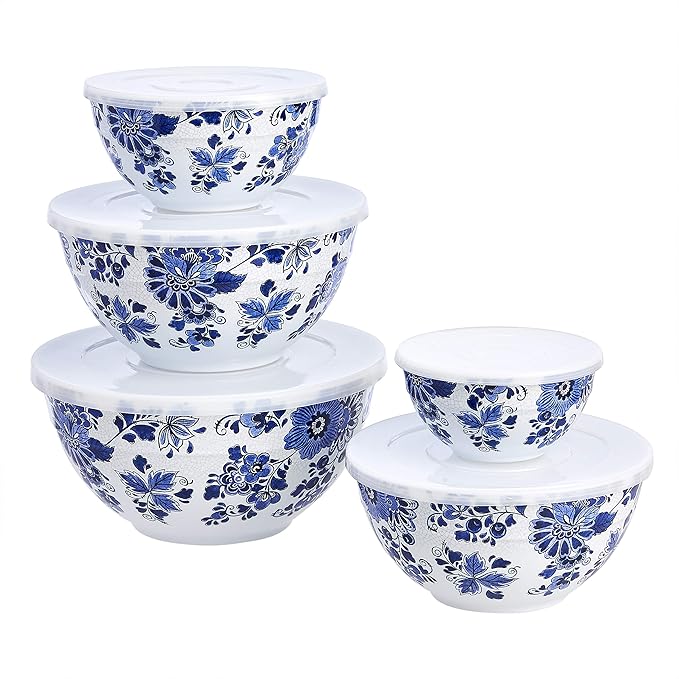 Amazon Basics Nesting Melamine Mixing Round Bowl with Lid and Non-Slip Base, 5 Sizes, Blue and White Floral, Set of 10, 4 quarts, 3 15/16",7 9/16",8 7/8",10",11 1/4"-CasaMuseHome