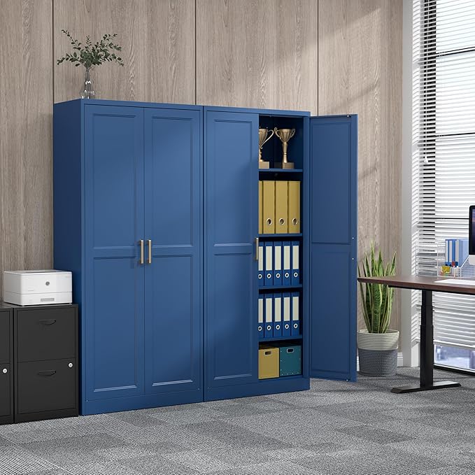 71" Metal Pantry Cabinet, Tall Kitchen Pantry Storage Cabinet with 4 Adjustable Shelves and Gold Handles, Blue Cupboard for Kitchen, Dining Room, Living Room-CasaMuseHome