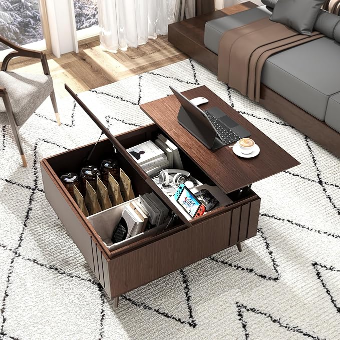 36.2" Lift Top Coffee Table with Storage, Large Square Coffee Tables with Hidden Compartment, Mid Century Modern Center Table for Home Office,Living Room,Dark Walnut-CasaMuseHome