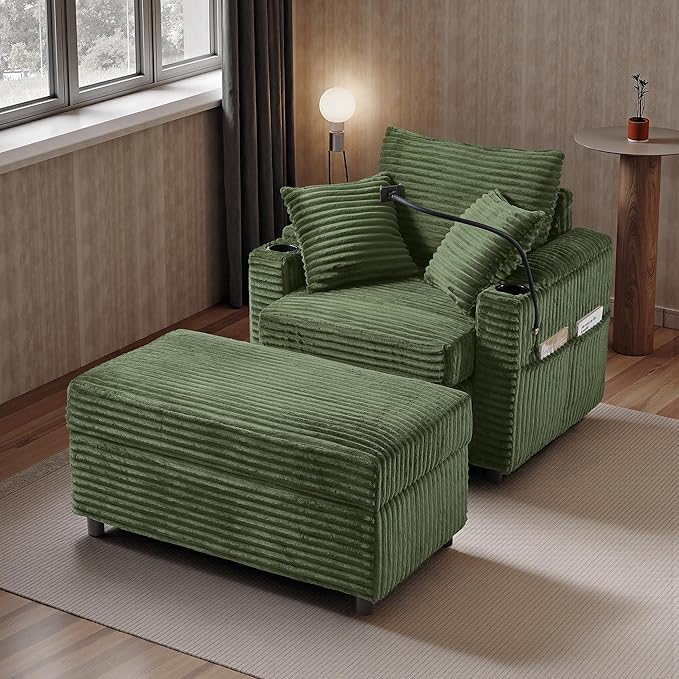 Accent Chair with Storage Ottoman Upholstered Living Room Chairs for Reading Chair with Chaise Lounge Chairs Indoor, Comfortable Armchair for Bedroom-CasaMuseHome