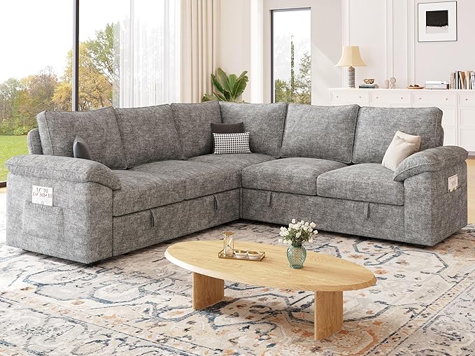 85 Inch Modular Sectional Sofa with Pull Out Bed,L Shaped 5 Seat Sectional Sleeper Sofa with Storage,Sectional Couches for Living Room,Cloud Modular Couch,Removable Sofa Cover,Light Gray-CasaMuseHome