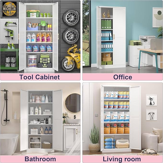 71" Storage Cabinet, Metal Pantry Cabinet, Kitchen Pantry Storage Cabinets with Doors and 4 Shelves, Cabinets for Laundry Room, Living Room, Dinning Room, Assembly Required, White-CasaMuseHome