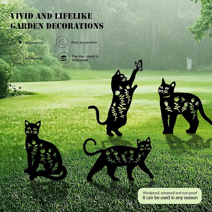 4 Pack Cat Metal Garden Decorative Stakes, Weather Proof Silhouette Statues for Yard, Patio,Outdoor Decor for Cat Lovers and Pet Owners-CasaMuseHome