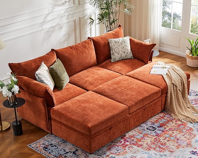 134.6" Oversized Modular Sectional Sofa, 6 Seater U Shaped Couch with Storage Ottoman with Reversible Chaise Deep Seat for Living Room, Apartment - Chenille Terracotta Orange-CasaMuseHome