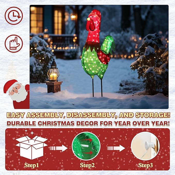 6FT Lighted Rooster with Christmas Hat for Outdoor Christmas Decorations, 3D Pre-Lit Iridescent Rooster Xmas Decor, Glittered Standing Holiday Display Rooster for Outdoor, Indoor-CasaMuseHome