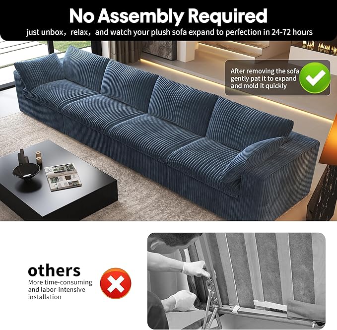 157.5" 4-Seater Cloud Sofa,Modular Sectional Couch,Modern Deep Seat Upholstered Couches with Plush Corduroy Fabric for Living Room Furniture,Bedroom and Apartment,No Assembly Required,Blue-CasaMuseHome
