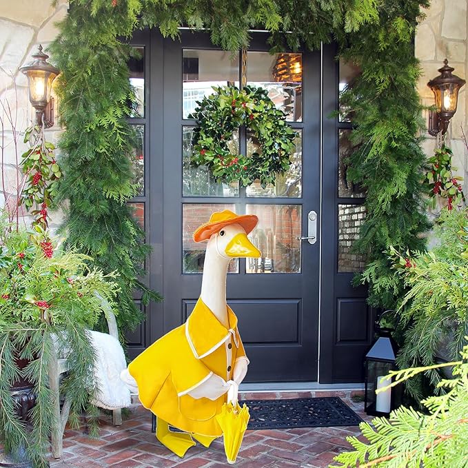 23 Inch Porch Goose Raincoat Outfit with Umbrella– Cement Goose Clothes for Porch Goose Statue, Waterproof Outdoor Goose Outfit for Lawn & Garden Decor-CasaMuseHome
