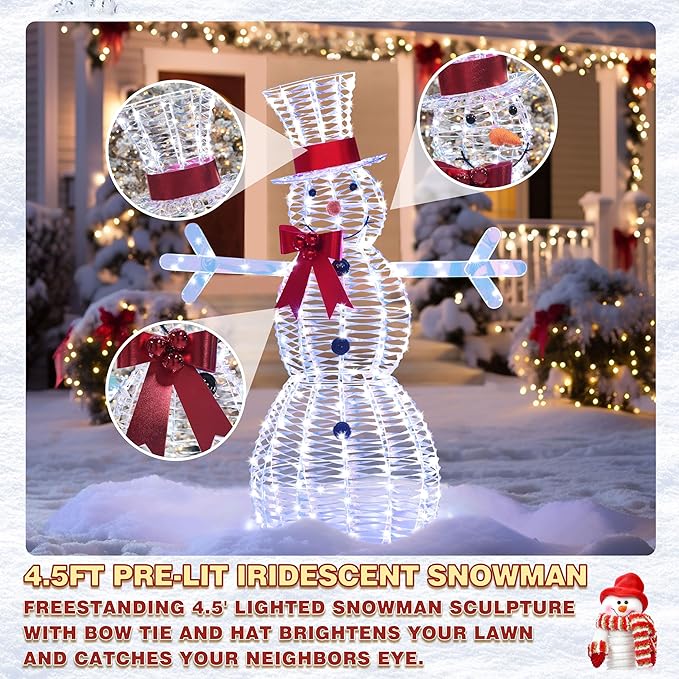 4.5FT Lighted Snowman for Christmas Decoration, 3D Pre-Lit Iridescent Snowman Xmas Decor with 100 LED Lights, Glittered Standing Holiday Display for Outdoor, Indoor-CasaMuseHome