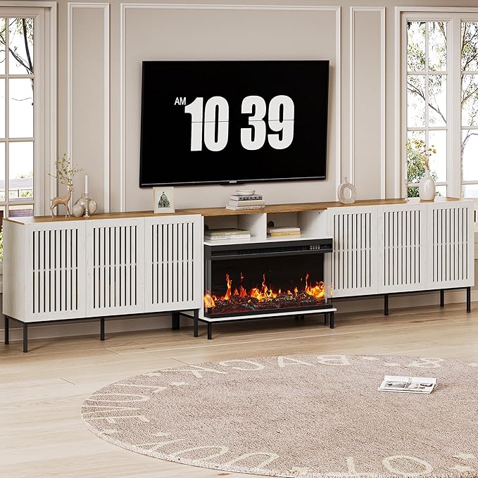 3-Sided Glass Farmhouse Fireplace TV Stand for TVs Up to 110 Inch, Entertainment Center with 36" Electric Fireplace, Antique White TV Console with Storage Cabinets for Living Room-CasaMuseHome