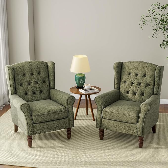 Accent Chair, Upholstered Armchair with Button Tufted High Back & Solid Wood Legs, Comfy Wingback Reading Single Sofa Chair for Small Spaces, Living Room, Bedroom (Green, Set of 2)-CasaMuseHome