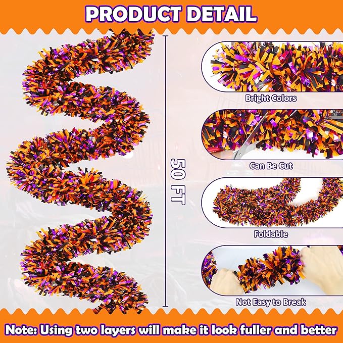 50FT Halloween Decorations Tinsel Garland, Orange Purple Black Shiny Metallic Tinsel Twist Hanging Streamers Garland for Halloween Birthday Home Tree Banister Indoor Outdoor Party Decor Supplies-CasaMuseHome