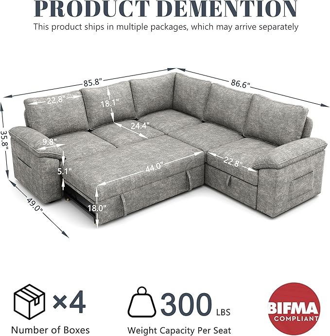 85 Inch Modular Sectional Sofa with Pull Out Bed,L Shaped 5 Seat Sectional Sleeper Sofa with Storage,Sectional Couches for Living Room,Cloud Modular Couch,Removable Sofa Cover,Light Gray-CasaMuseHome