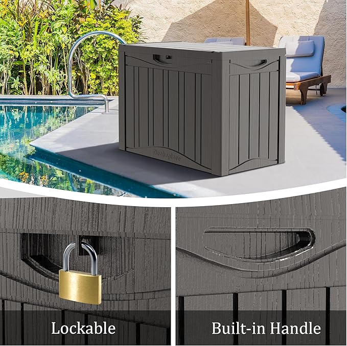 45 Gallon Double-Wall Resin Deck Box - Lockable Waterproof Outdoor Storage Box, 515bs Capacity & Doubles as Seating for Patio Furniture - Garden Tools, Pool Accessories (Brown)-CasaMuseHome
