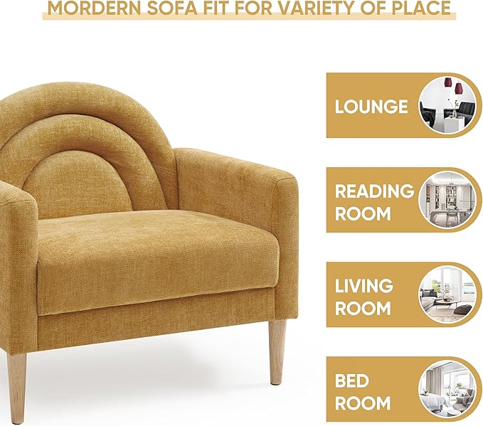 Accent Chair Reading Chair with Armrest, Small Comfy Chair for Small Spaces, Modern Linen Upholstered Armchair for Bedroom & Living Room, Single Sofa Chair with Wood Legs, Easy Assembly (Yellow)-CasaMuseHome
