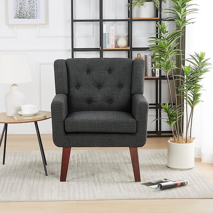 Accent Chair Button-Tufted Upholstered Living Room Chairs Comfy Reading Chair Mid Century Modern Chair with Linen Fabric Lounge Arm Chairs for Living Room Bedroom (Dark Grey)-CasaMuseHome