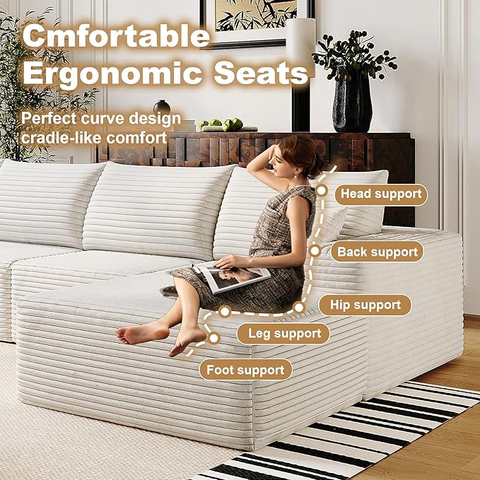 136" Sectional Couches for Living Room Modern Modular Sofa with L-Shape Couchs Upholstered Boneless Couch Deep Seat Sectional Couch with Chaise (White, Right Facing Chaise+3Seaters+Ottoman)-CasaMuseHome
