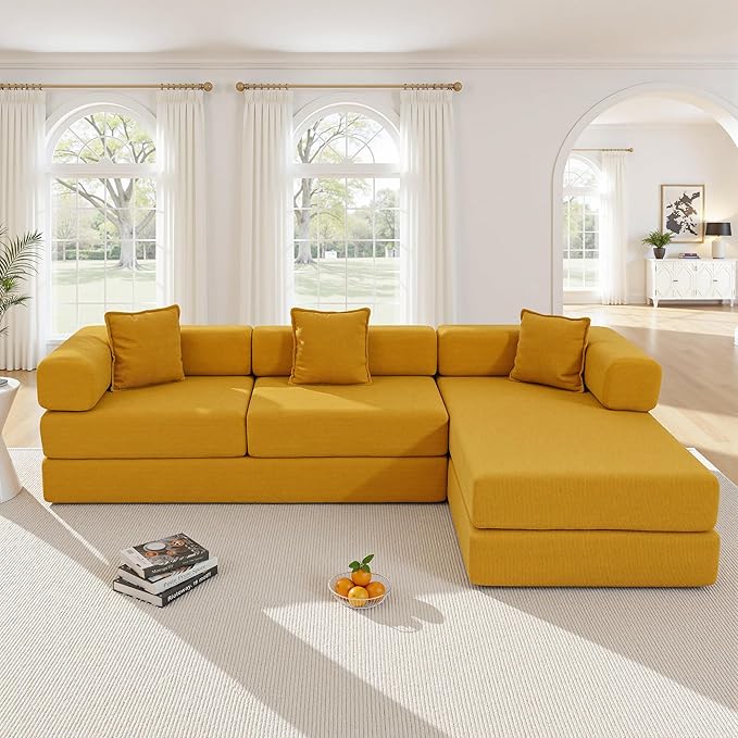 108" Oversized Convertible Sleeper Sofa Bed, Corduroy L Shape Sectional Couch, Folding Sofa Bed with Side Pocket, Modern Cloud Floor Mattress Couch, Modular Sofa for Living Room, Yellow-CasaMuseHome