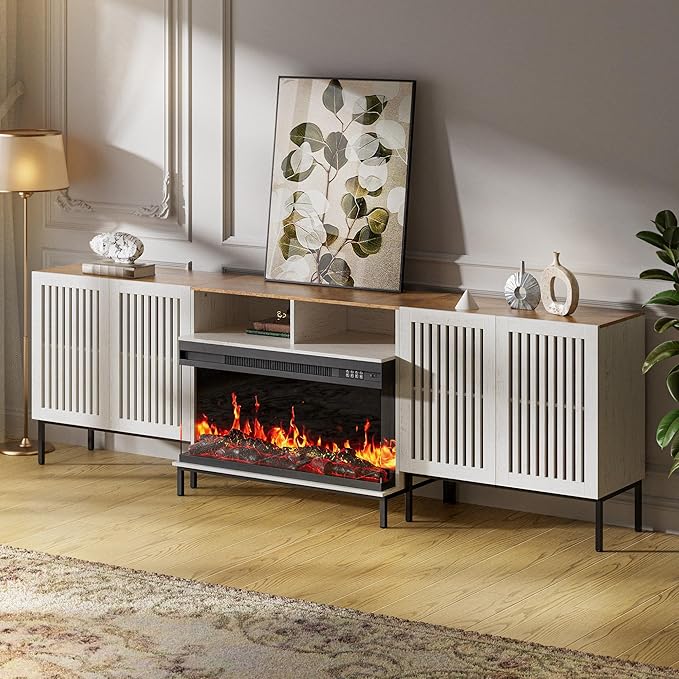 3-Sided Glass Farmhouse Fireplace TV Stand for TVs Up to 100 Inch, Entertainment Center with 36" Electric Fireplace, TV Console with Storage Cabinets for Living Room, Antique White-CasaMuseHome