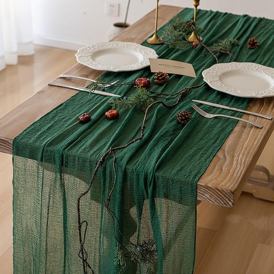 3pcs Emerald Green Cheesecloth Table Runner Gauze 120 Inch 10 FT Rustic Boho Cheese Cloth Runner for Wedding Baby Shower Bridal Shower Birthday Party Long Sheer Home Decorations-CasaMuseHome