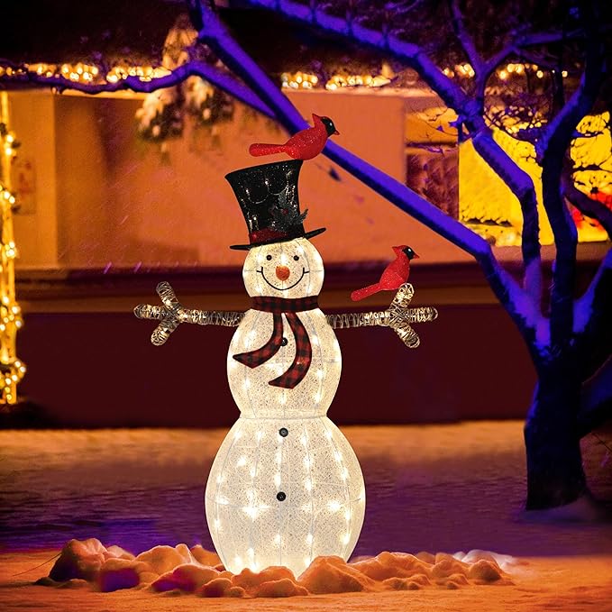 5FT Lighted Snowman with Birds for Christmas Decoration, 3D Pre-Lit Iridescent Snowman Xmas Decor with 90 LED Lights, Glittered Standing Holiday Display for Outdoor, Indoor-CasaMuseHome
